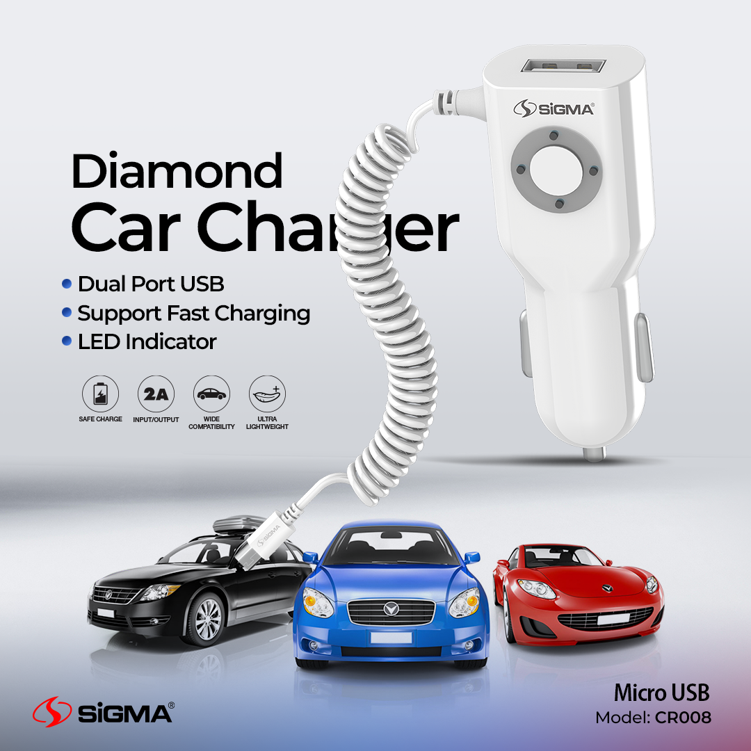 Sigma Diamond Series Micro Single USB Car Charger with Built-in micro cable - CR008 image 2