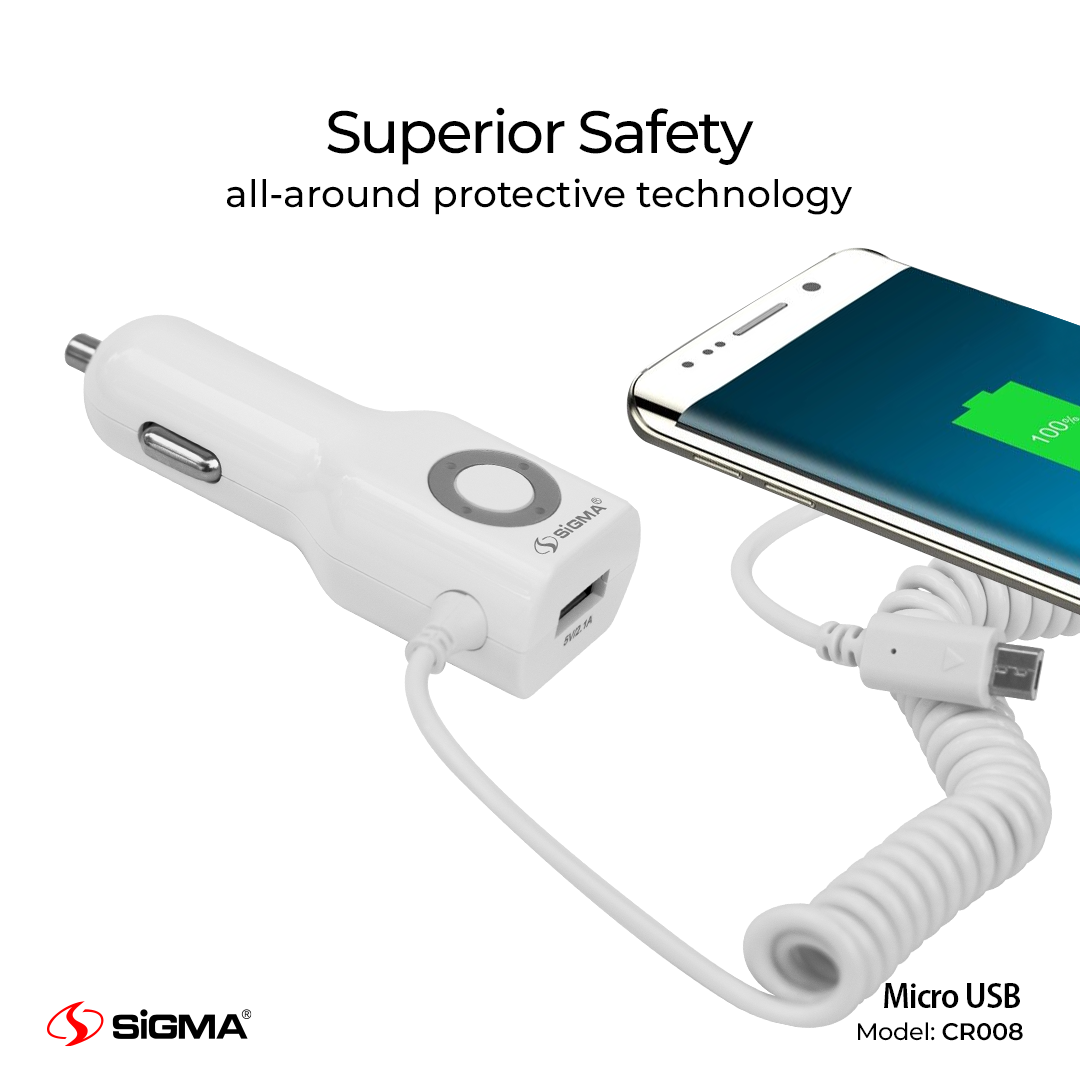 Sigma Diamond Series Micro Single USB Car Charger with Built-in micro cable - CR008 image 3