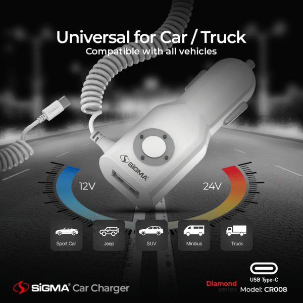 sigma diamond series car charger with built in type c cable cr008